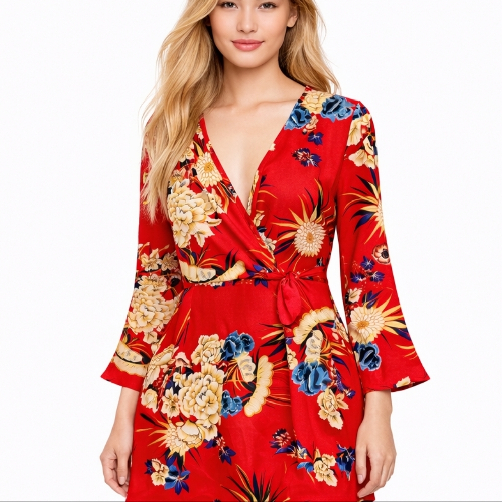 PRETTYLITTLETHING Red Floral Long Sleeve Faux Wrap Dress Size 8